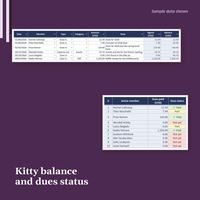 Kitty balance and dues status. Kitty tab with 6 Dues in and Expense out rows, notes and a running balance reaching 1,344.79, plus dues paid per active member marked Paid, Part or Not yet. Sample data shown.