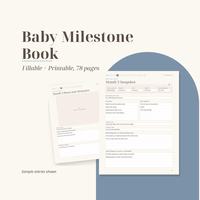 Cream image with the title Baby Milestone Book and Fillable + Printable, 78 pages. A filled Month 3 Snapshot page stands in front of a dusty blue arch, with a Month 3 Photo and Memories page and its empty photo frame tucked behind.