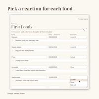 Pick a reaction for each food. Close view of the First Foods page on screen with Banana, Sweet potato, Peas, Avocado and Applesauce, and a reaction list open showing Loved it, Okay and Not yet.