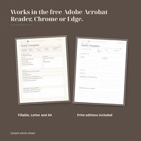 Works in the free Adobe Acrobat Reader, Chrome or Edge. A filled Month 3 Snapshot page captioned Fillable, Letter and A4 and a blank print page captioned Print editions included, on a taupe ground.