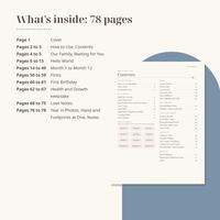 What's inside: 78 pages. A list of page ranges from Page 1 Cover to Pages 76 to 78 Year in Photos, Hand and Footprints at One, Notes, next to the Contents page in front of a dusty blue arch.