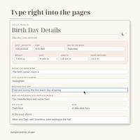 Type right into the pages. Close view of the Birth Day Details page on screen, with Cool and sunny, the first warm day of spring typed in the Weather That Day box and the mouse pointer beside it.