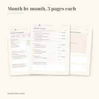 Month by month, 3 pages each. Month 3 Snapshot, Month 3 Firsts and a Photo and Memories page fanned out, filled with sample entries such as Bath time with the yellow duck.