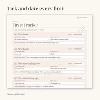 Tick and date every first. Close view of the Firsts Tracker with ticks, dates and notes for First smile, First laugh, First time rolling over and First time sitting up.