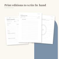 Print editions to write by hand. Blank print pages fanned out: Month 3 Snapshot, Letters to You and a teeth chart page, beside a dusty blue arch.