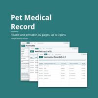 Pet Medical Record, Fillable and printable, 82 pages, up to 3 pets, in white on deep teal above three stepped Pet 1 pages: Pet Profile for Maple, Vet Visit Log (1 of 2) and a filled Vaccination Record (1 of 2). Sample entries shown.
