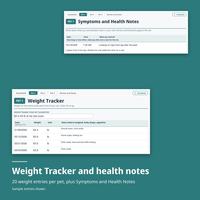 Pet 1 Weight Tracker with dated weights in lb, in front of Symptoms and Health Notes. Weight Tracker and health notes: 20 weight entries per pet. Sample entries shown.
