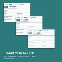 Three Pet Profile pages stacked like filed records: Pet 1 Maple, a dog; Pet 2 Juniper, a cat; Pet 3 Biscuit, a rabbit. Records for up to 3 pets, each with the same 21 pages. Sample entries shown.