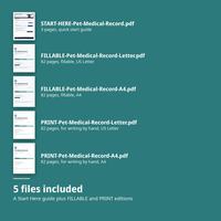 First pages and names of 5 files: START-HERE-Pet-Medical-Record.pdf with 3 pages, plus FILLABLE and PRINT files in Letter and A4 with 82 pages each. 5 files included.