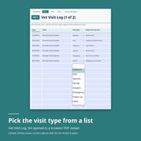 Pet 1 Vet Visit Log (1 of 2) with sample visits and the visit type list open: Wellness, Sick, Vaccine, Dental, Surgery, Emergency, Follow-up, Other. Pick the visit type from a list. Sample entries shown.