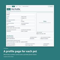 Pet 1 Pet Profile filled for Maple, a Labrador mix dog, with microchip number, chip implant date, license number and an empty printed Photo frame. A profile page for each pet. Sample entries shown.