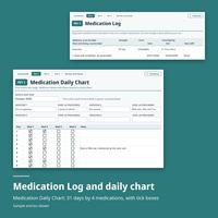 Pet 1 Medication Log behind a Medication Daily Chart for October 2026 with ticked boxes. Medication Log and daily chart: 31 days by 4 medications, with tick boxes. Sample entries shown.