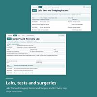 Pet 1 Lab, Test and Imaging Record behind a Surgery and Recovery Log with a sample procedure dated 07/30/2026. Labs, tests and surgeries. Sample entries shown.