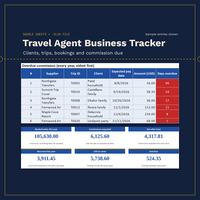 Travel Agent Business Tracker title over an overdue commission list of 6 bookings, 96 to 1 days late, and 6 Dashboard tiles: booked 105,630.00, expected 6,125.60, net 4,317.81, received 3,911.45, still to come 5,738.60, overdue 524.35.