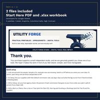 2 files included: Start Here PDF and .xlsx workbook, developed for Google Sheets, 4 palettes. Shows page 1 of the Start Here PDF with a thank you note, and the Quick setup steps.