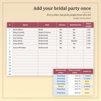 Add your bridal party once: Bridal Party roster with name, role, shower and bachelorette answers and share weight for 7 people, rows up to 16, with Share of costs and Settle Up columns