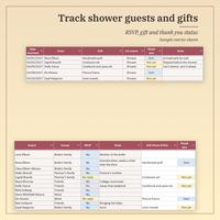 Track shower guests and gifts: Shower guest list with group, RSVP, gift and thank you status Sent or Not yet, and a Gifts log with date received, from, gift, event and note