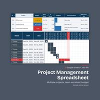 Project Management Spreadsheet title, Multiple projects, team workload, budget. Portfolio rows: P01 At risk 8 of 24 33%, P02 Product launch On track 4 of 24 17%, Community fundraiser Late 12 of 17 71%, over weekly bars from Sep 14, 2026.