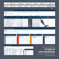 13 tabs in one workbook: the tab bar from Start Here, Settings, Portfolio and Tasks to Status Report and Dashboard, with the Gantt, Board and Costs tabs shown below it.