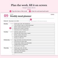 Sample entries shown: page 9 Weekly meal planner, week of November 2 to 8, 2026, Monday to Thursday meals filled, such as Greek yogurt, plain, with strawberries and Salmon, baked, with spinach and rice