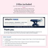 3 files included: START-HERE-Thyroid-Food-List-Planner.pdf, FILLABLE-Thyroid-Food-List-Planner-Letter.pdf and FILLABLE-Thyroid-Food-List-Planner-A4.pdf, with the Start Here pages. A general food reference, not medical advice