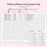 Sample entries shown: page 11 Daily medicine and symptom log, days 1 to 31, with date, pill time, breakfast time, energy 1 to 5, mood 1 to 5 and notes filled for days 1 to 8, plus a close-up of the ratings