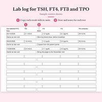 Sample entries shown: Lab log for TSH, FT4, FT3 and TPO, test on 05/14/2026: TSH 2.1 mIU/L, FT4 1.2 ng/dL, FT3 3.1 pg/mL, TPO antibodies 35 IU/mL, dose Same as last visit, with two more tests and blank rows