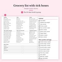 Sample entries shown: Grocery list with tick boxes, the 60 chart foods by group with tick boxes, some ticked, More to buy lines with Lemons, Coffee beans, Olive oil and Frozen peas, plus a close-up of Seafood and Meat, poultry and eggs