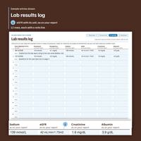 Sample entries shown: Lab results log, row 1 08/12/2026, 4.8 mmol/L, 4.1 mg/dL, 139 mmol/L, eGFR 42 mL/min/1.73m2, 1.6 mg/dL, 3.9 g/dL, and a close-up of Sodium, eGFR, Creatinine and Albumin