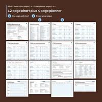 12 page chart plus 4 page planner: tops of chart pages 1 to 12, from Kidney Diet Food List and All 96 foods on one page to Label guide and Sources and FDC IDs, then Weekly meal planner, Grocery list, Lab results log