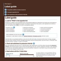 Label guide: Look for PHOS in the ingredient list, phosphate additive names such as phosphoric acid, a sample ingredient list with SODIUM PHOSPHATE, and Check salt substitutes for potassium chloride