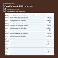 Sample entries shown: Plan the week, fill it on screen: meal rows Monday to Friday, with Monday breakfast Oatmeal made with water, blueberries, coffee and typed totals K mg 1290, P mg 737, Na mg 452