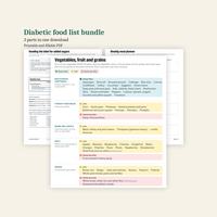 Diabetic food list bundle, 3 parts in one download, printable and fillable PDF. In front, Vegetables, fruit and grains with Choose often, Limit and Choose less often rows; behind it, Reading the label for added sugars and Weekly meal planner.