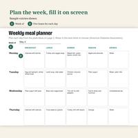 Plan the week, fill it on screen: the weekly meal planner with sample entries, week of May 4, breakfast, lunch, dinner, snacks and drinks for Monday to Thursday, such as oatmeal with berries and lentil soup.