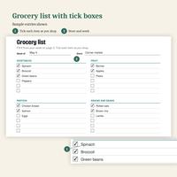 Grocery list with tick boxes and sample entries: week of May 4, store Corner market, vegetables, fruit, protein and grains and beans with items ticked, plus a close-up of ticked spinach, broccoli and green beans.