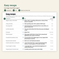 Easy swaps, Low Sugar Food Chart page 6: Instead of, Try and Source columns, such as regular soda or a fruit drink to water with berries, and fruit juice to whole fruit, with CDC, ADA and Harvard sources.