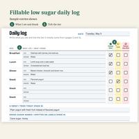 Fillable low sugar daily log with sample entries: date Tuesday, May 5, what I ate and drank for breakfast, lunch, dinner and a snack, tier boxes ticked, a swap tried today and added sugar names spotted on labels.