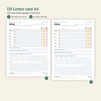 US Letter and A4: the same low sugar daily log page shown in both sizes side by side, US Letter 8.5 x 11 in and A4 210 x 297 mm, each with meal rows, tier boxes, readings and notes.