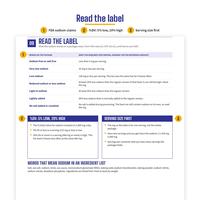 Page 9 Read the label: FDA sodium claims from Sodium free or salt free (less than 5 mg per serving) to No salt added or unsalted, a %DV: 5% low, 20% high box, Serving size first, and words that mean sodium.