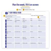 Sample entries shown. Page 12 7-day meal plan for May 10 to 16, 2027, with breakfast, lunch, dinner, snack and drinks typed for days 1 to 5, such as Oatmeal, banana, Turkey sandwich and Salmon, rice.