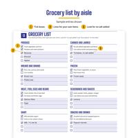 Sample entries shown. Page 13 Grocery list by aisle, from Produce to Snacks and drinks, with ticked boxes and typed items such as Bananas, Brown rice, Salmon fillets and Tomatoes, no salt added.