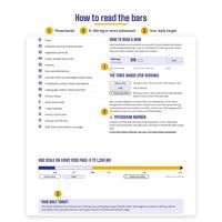 How to read the bars: page 2 with contents 01 to 15, how to read a row, the three bands (140 mg or less, 141 to 459 mg, 460 mg or more), the K potassium marker, one 0 to 1,200 mg scale and your daily target.