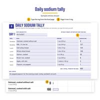Sample entries shown. Page 11 Daily sodium tally, Day 1 on 05/10/2027: eight foods from Oatmeal, cooked without salt 9 mg to Popcorn, air-popped 1 mg, total 469. Enlarged page 4 rows: oatmeal without salt 9, with salt 166.