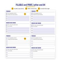 FILLABLE and PRINT, Letter and A4: Produce and Breads and grains from page 13 in four editions. FILLABLE has boxes to type in and tick; PRINT has lines to write on. US Letter left, A4 right.