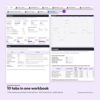 10 tabs in one workbook: tab bar with Start Here, Dashboard, Cards, Monthly Log, Utilization, Due Calendar, Promos and Fees, Score Log, Setup and Example, over Dashboard, November 2026 calendar, Setup and Example.