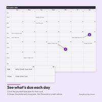 See what's due each day: November 2026 Due Calendar with Due and Closes rows, Home Goods Store Card due on 15, Balance Transfer Card due on 25, Everyday Cash Back closes on 3, and a magnified view of the 15th.