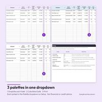 3 palettes in one dropdown: the Cards tab with the same 5 cards shown in Graphite and Violet, Colorblind Safe and Print, and the Setup tab with Palette set to Graphite and Violet.