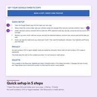 Quick setup in 5 steps: Start Here PDF with the Make a copy: Credit Card Tracker button, steps for the copy link, Setup, Cards, Monthly Log and Score Log, plus privacy and palette notes.